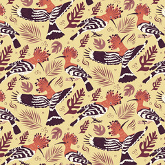 Pattern with hoopoe bird and tropical leaves. Bird with long narrow beak and fan-shaped crest among fox palms. National symbol of Israel. Vector background for fabric, textile, wrapping paper.