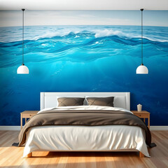 Bedroom with feature wall covered in a mural of ocean waves