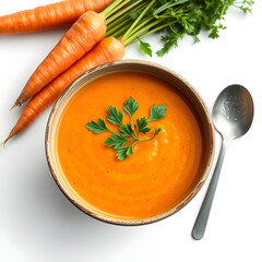 Top view of a bowl of creamy carrot soup