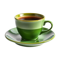 Green cup and saucer with black coffee on a white background
