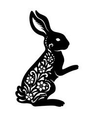 Easter Bunny template with flowers. Floral vector animal. Rabbit silhouette. For paper,laser cutting, sublimation. Cute festive character with ornament. Holiday symbol. Isolated on white background.