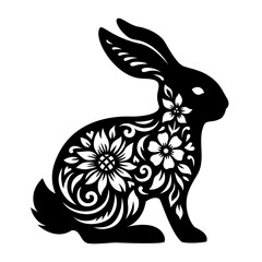 Easter Bunny template with flowers. Floral vector animal. Rabbit silhouette. For paper,laser cutting, sublimation. Cute festive character with ornament. Holiday symbol. Isolated on white background.