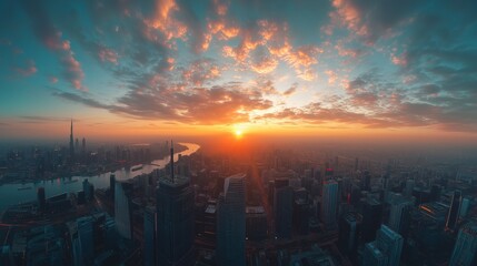 Fototapeta premium Cityscape Sunset: Aerial view of a dense city under a vibrant sky.