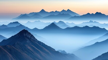 Fototapeta premium Misty mountains scenic view landscapes idea. Majestic mountain range shrouded in mist during a serene sunrise.