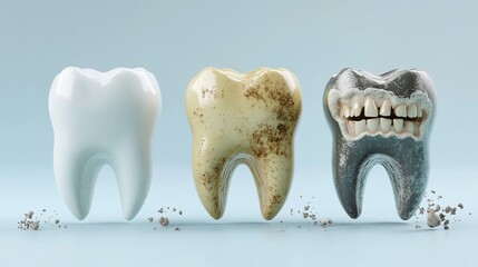 Three teeth representing dental health stages healthy, decay, and restoration.