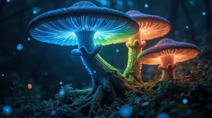Magical glowing mushrooms in mystical forest, illuminated by vibrant colors. enchanting scene evokes sense of wonder and tranquility