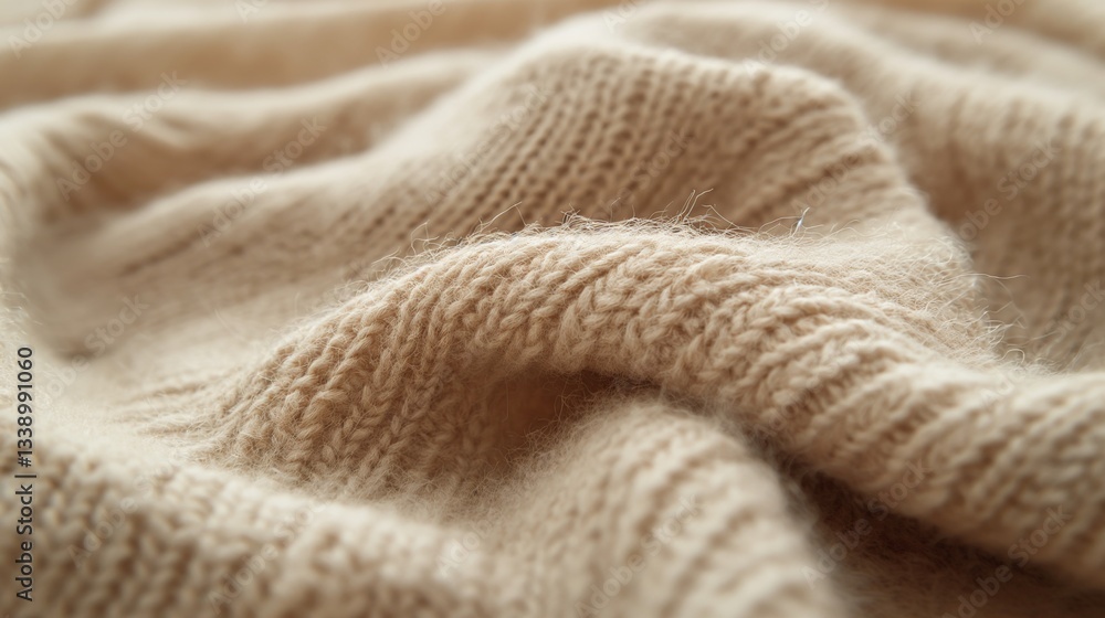 Poster a close-up view of soft beige knitted fabric, showcasing its cozy texture and intricate patterns.