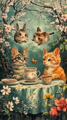 Fototapeta premium Two whimsical cats enjoying tea surrounded by playful bunnies and blooming flowers.