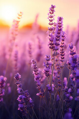 Lavender flowers in a field at sunset.