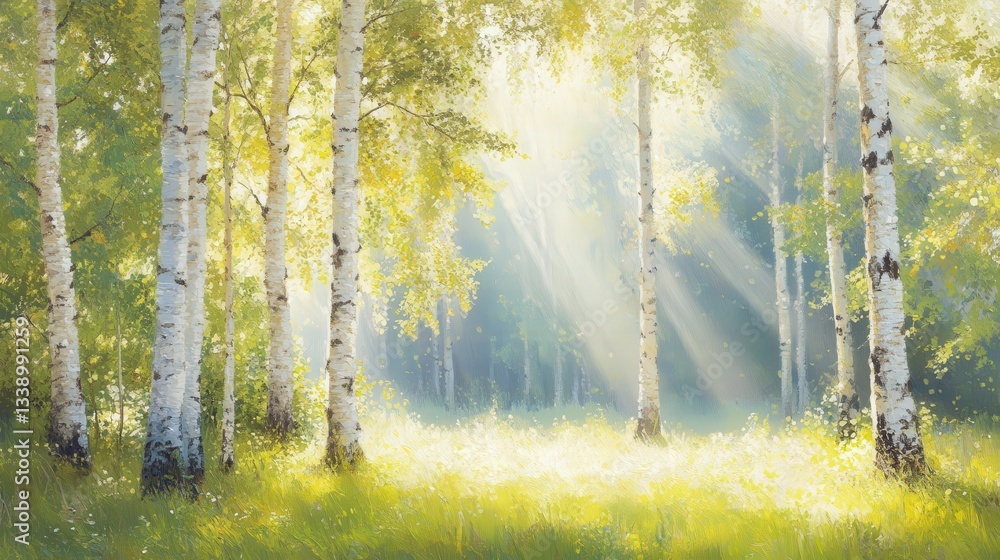 Poster a serene forest scene with sunlit birch trees and soft green grass, creating a tranquil and refreshi
