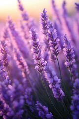 Obraz premium Сolorful purple lavender flowers blooming in a field, bathed in the warm golden light of the sun 