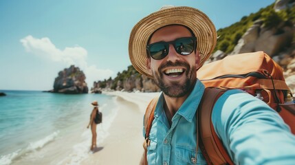 Handsome man wearing hat and sunglasses taking selfie picture on summer vacation day - Happy hiker with backpack smiling at camera outside - Tourist walking on the beach - Traveling and technology
