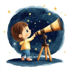 Child with Telescope Gazing at Starry Night Sky