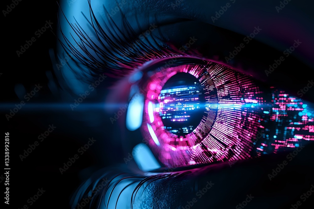 Aufkleber futuristic cyberpunk macro shot of human eye with digital technology reflection showing neon pink an