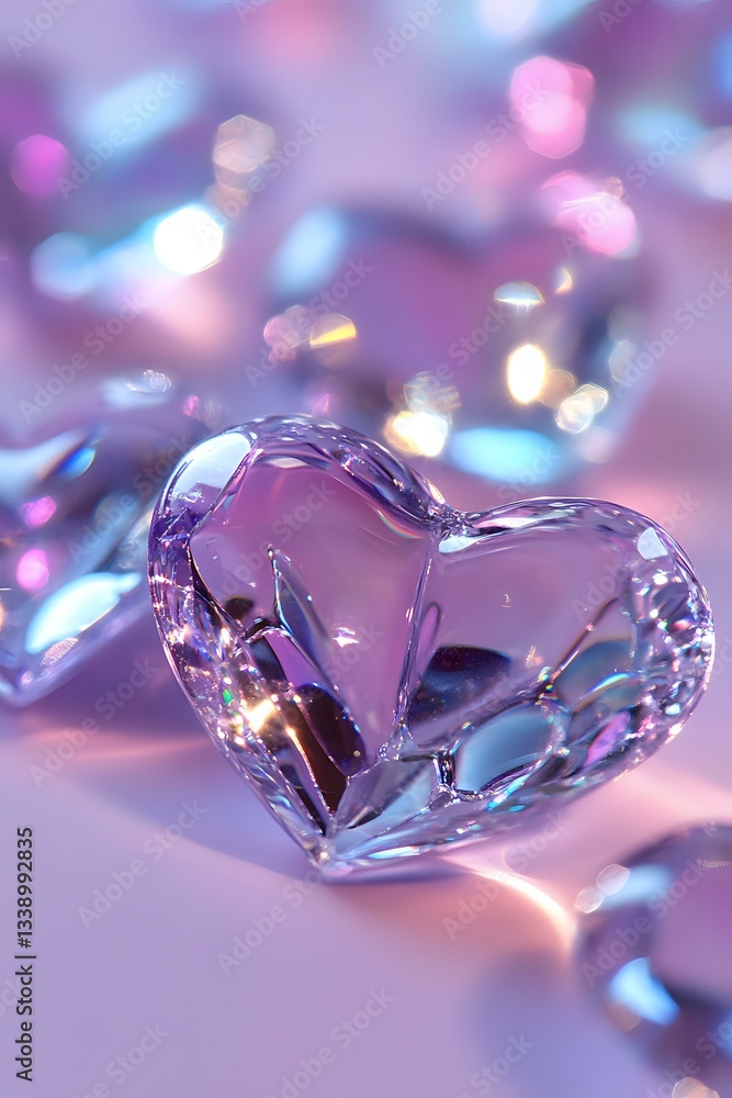 Poster crystal heart on soft purple background with bokeh lights creating romantic atmosphere. macro photog