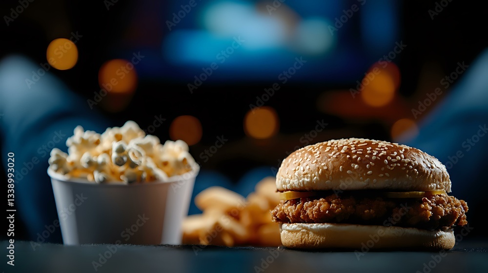 Poster crispy chicken burger with sesame bun and french fries in white paper container on dark background w