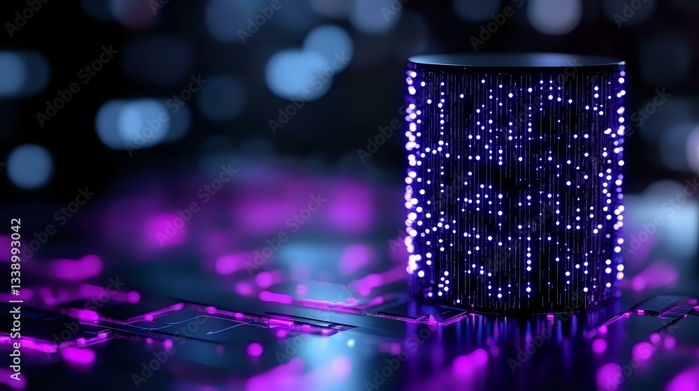 Poster glowing purple and blue led lights create magical bokeh effect on dark background with illuminated c