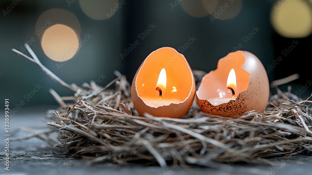 Aufkleber glowing candles in eggshells nestled in natural straw nest with soft bokeh background create cozy at