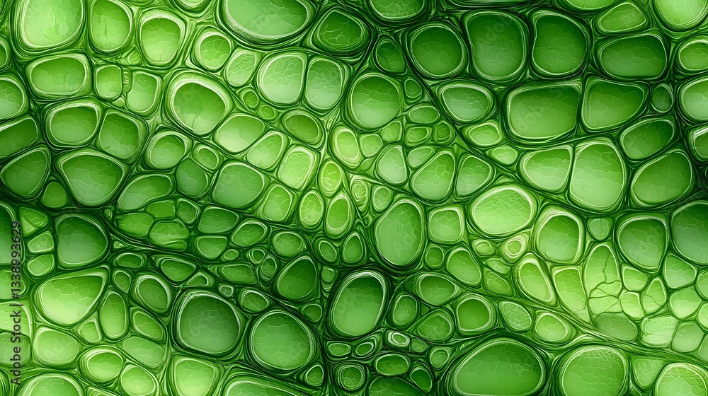 Poster green organic cellular pattern with translucent bubble-like shapes creating abstract background text