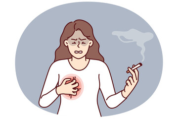 Woman smokes with heart condition needs give up cigarettes and tobacco to avoid dying from cancer. Sick girl feels severe pain in chest due to long-term smoking of nicotine cigarettes.