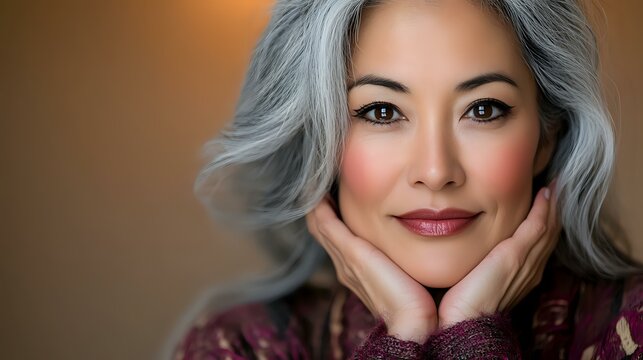 Elegant mature Asian woman with silver gray hair and natural makeup smiling warmly while holding face in hands against soft brown background, portraying confidence and grace.