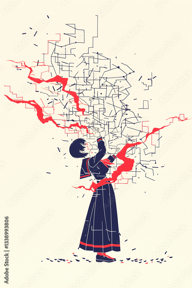 Poster unraveling thoughts: an illustration of a figure grappling with the complexities of thought, symboli