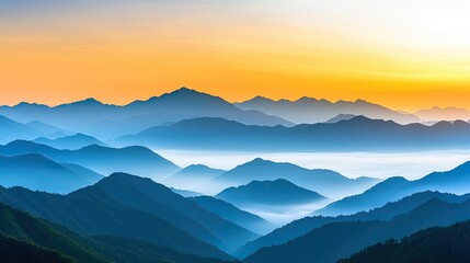 Obraz premium Misty mountains scenic view landscapes idea. Breathtaking mountain view at sunset, showcasing layers of blue and orange hues.