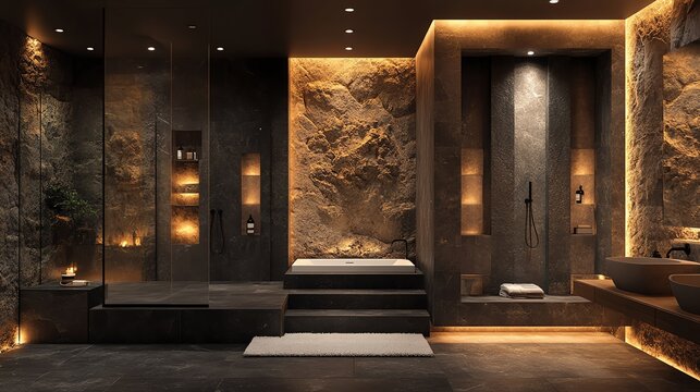 A cozy yet minimal bathroom with stone textures and warm lighting