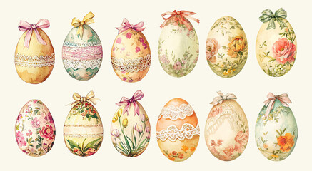 Watercolor Easter eggs with floral pattern set of spring illustrations