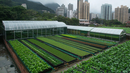 Obraz premium Aerial view of lush urban greenhouse with rows of vibrant green plants, surrounded by city buildings and mountains