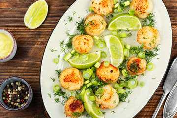 Seared scallops on a plate.