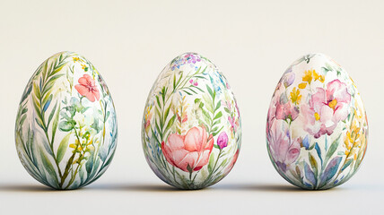 Watercolor Easter eggs with floral pattern set of spring illustrations