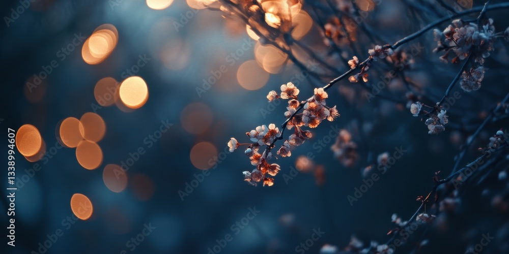 Poster golden bokeh with blossom branches: an enchanting display of delicate blossoms on branches is framed
