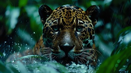 Majestic jaguar face close up in rain, piercing blue eyes and spotted fur pattern visible through tropical foliage and water droplets, dramatic wildlife portrait.