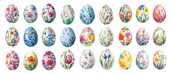 Watercolor Easter eggs with floral pattern set of spring illustrations