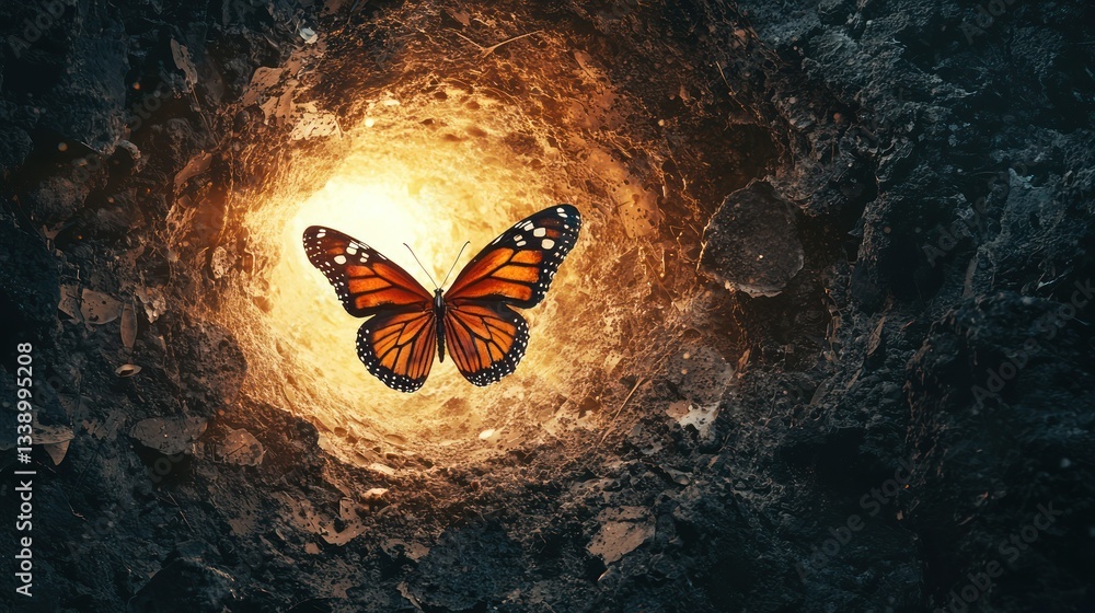 Poster a conceptual image symbolizing transformation, with a butterfly emerging from a cocoon surrounded by