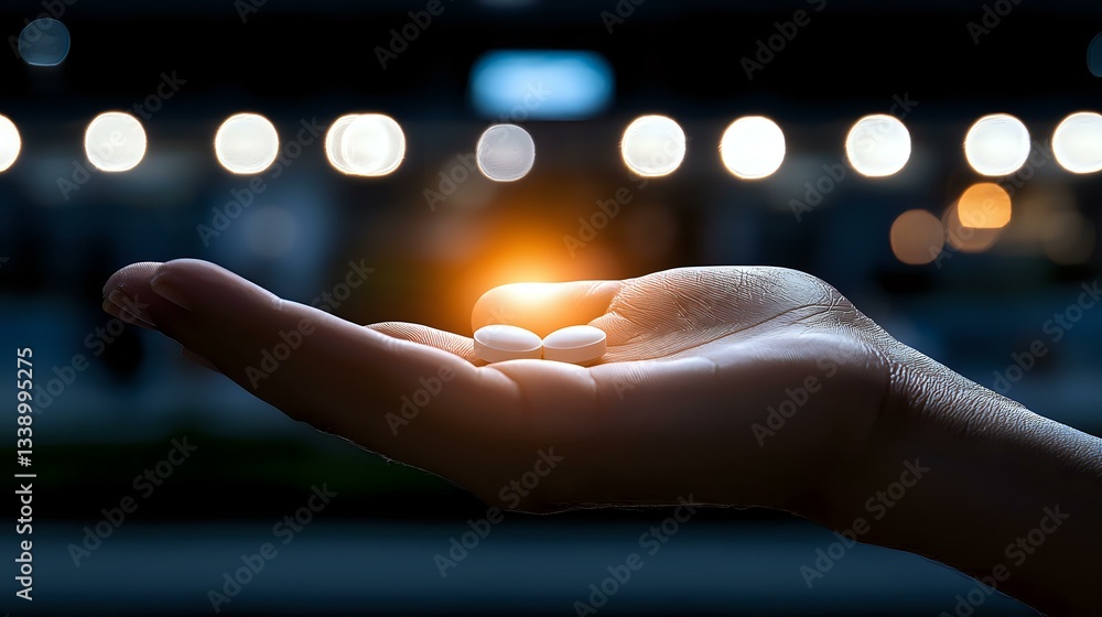 Poster open palm holding glowing light against blurred bokeh background, creating magical atmosphere with s