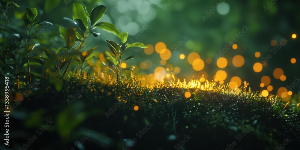 Poster luminous forest floor: a close-up capture of a vibrant forest floor, where sunlight filters through 