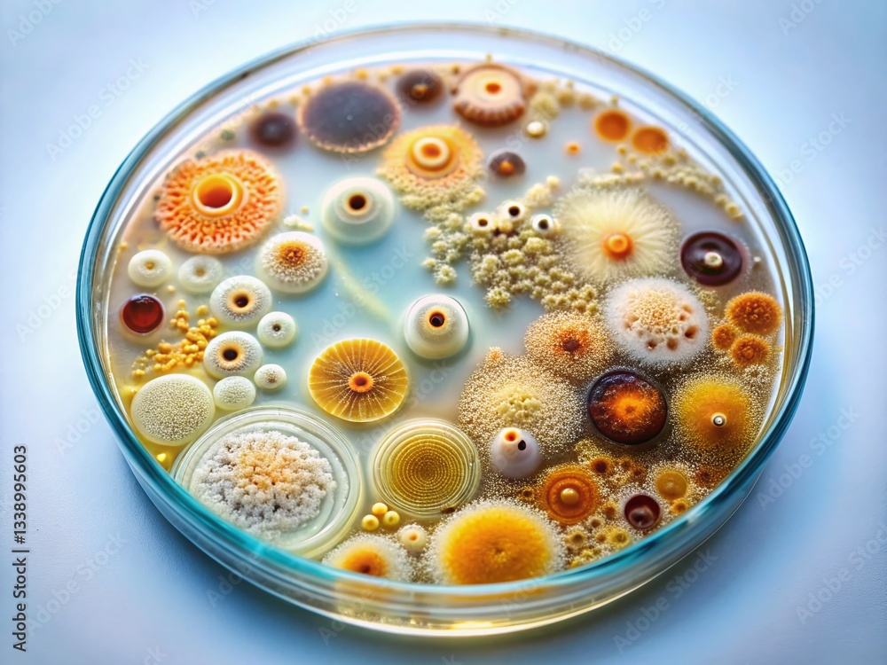 Poster high-resolution microscopic image of intricate bacterial colony patterns in petri dish - microbiolog