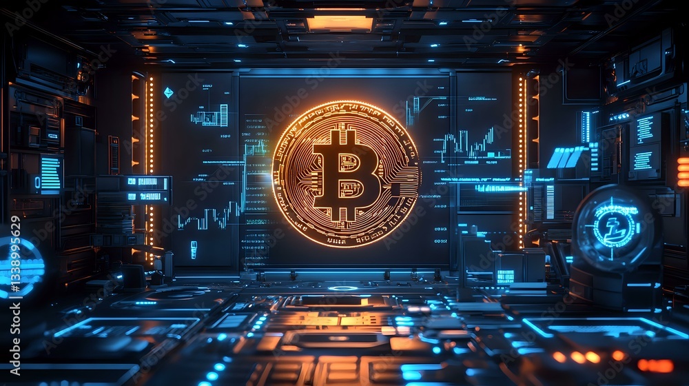 Poster glowing golden bitcoin symbol floating in futuristic digital space with blue technological interface