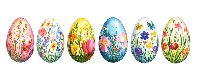 Watercolor Easter eggs with floral pattern set of spring illustrations