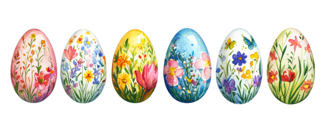 Watercolor Easter eggs with floral pattern set of spring illustrations