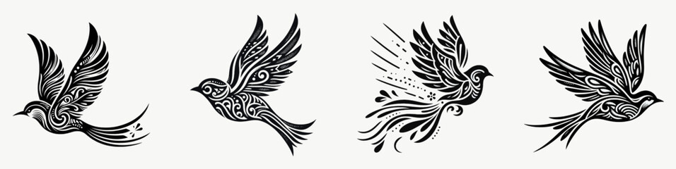 Obraz premium A logo template blank featuring a bird silhouette in an ornamental black modern line minimalism style, vector EPS10 format, on a transparent isolated clipart background