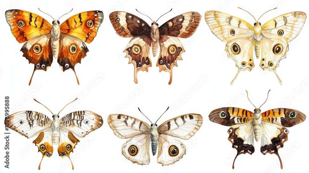 Aufkleber a set of watercolor butterflies in different poses, each with unique patterns and hues.