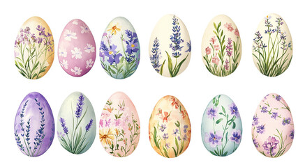 Watercolor Easter eggs with floral pattern set of spring illustrations