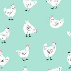 Seamless pattern with funny chickens, cocks for wrapping paper, textile, fabric. Perfect for kitchen prints.