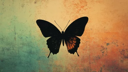 Fotobehang  A minimalist butterfly silhouette design on a textured pastel background.  © sambath