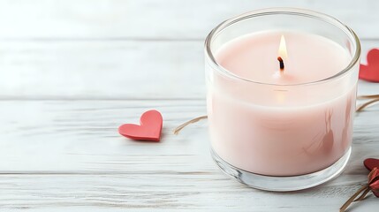 Burning pink scented candle in glass jar with decorative red paper hearts on white wooden background, creating romantic atmosphere for Valentine's day celebration.