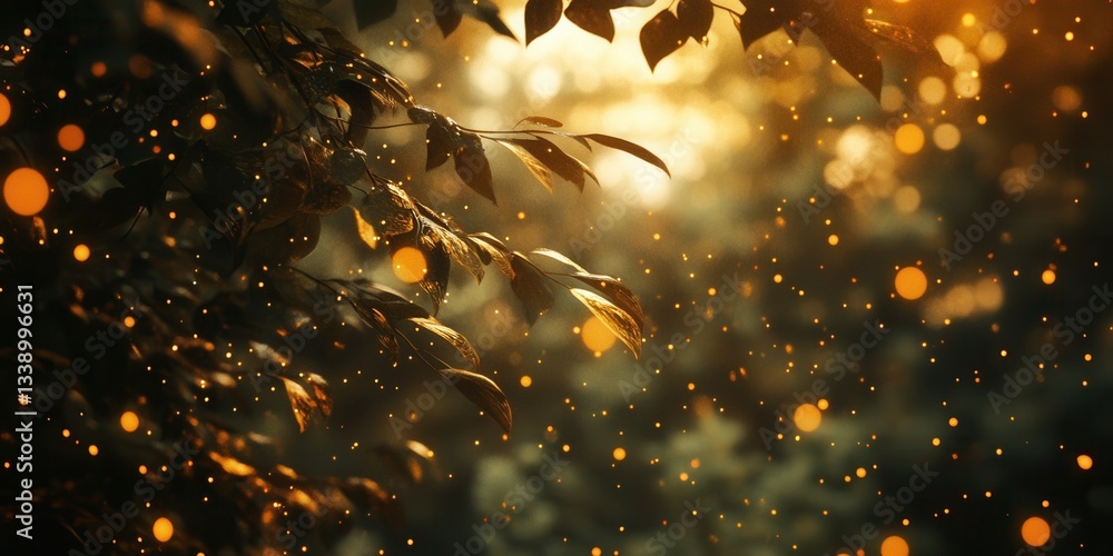 Poster golden hour in the woods: an enchanting view capturing sunlight filtering through leaves creating a 
