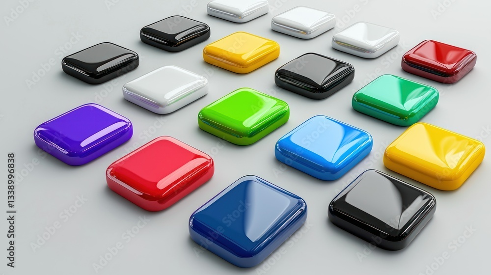 Poster a collection of modern web buttons in various colors and designs, ideal for website navigation.